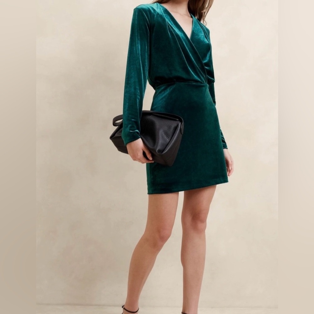 Banana Republic Deep Teal Faux Velvet Wrap-Front Mini Dress